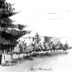 Urban sketch of a creation and trees on a white background. - 501190126