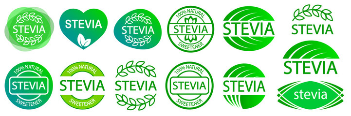 Set of Stevia labels. Green icon or logo. Natural low calorie sweetener - obrazy, fototapety, plakaty