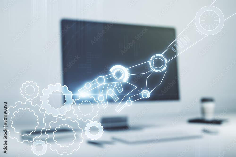 Aufkleber double exposure of robotics technology hologram on laptop background. research and development softw