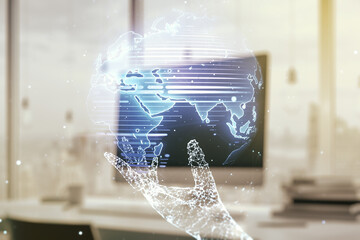 Abstract creative digital world map on modern computer background, globalization concept. Multiexposure