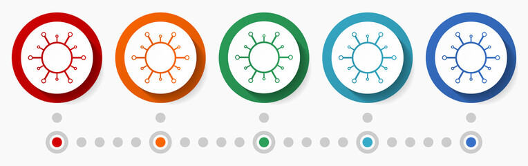 Coronavirus delta, flu concept vector icon set, infographic template, flat design colorful web buttons in 5 color options