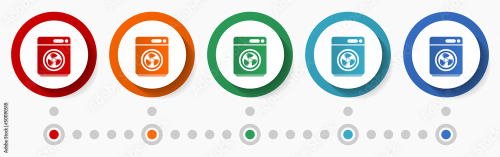 Aufkleber laundry, dryer concept vector icon set, infographic template, flat design circle colorful web button