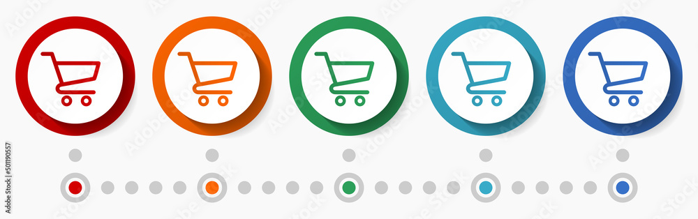 Fototapete Shopping cart concept vector icon set, infographic template, flat design circle colorful web buttons in 5 color options