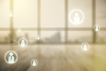 Abstract virtual social network concept on empty corporate office background. Multiexposure