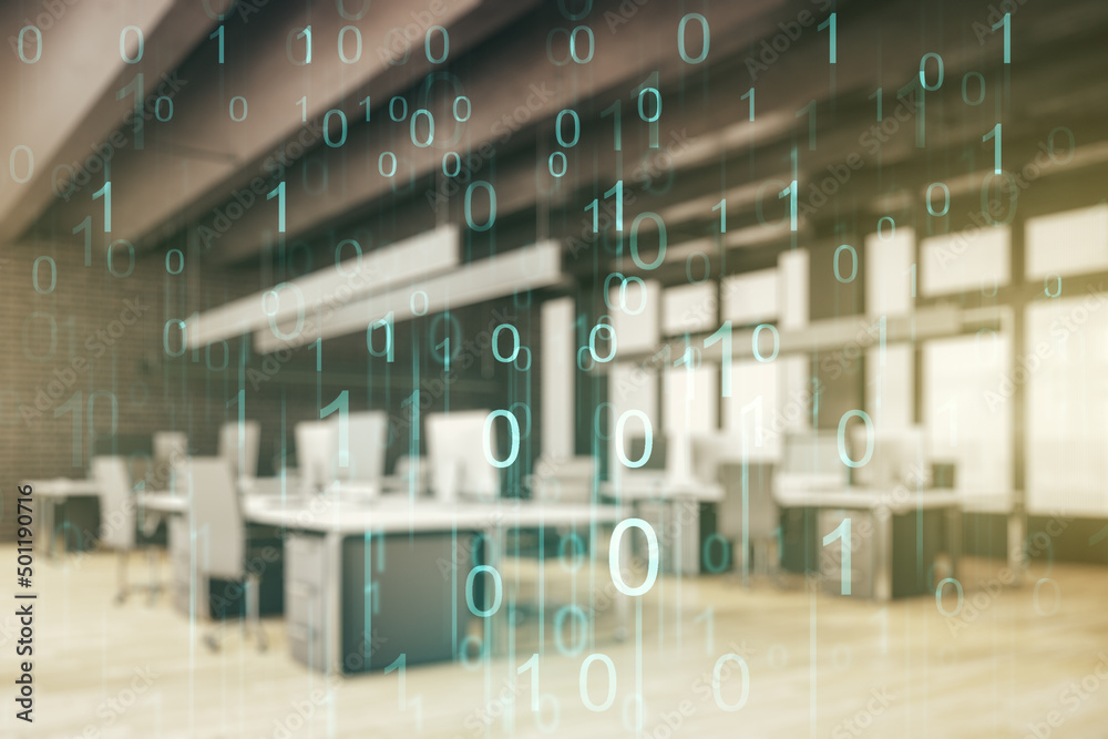 Poster abstract virtual binary code hologram on a modern furnished classroom background, ai and machine lea