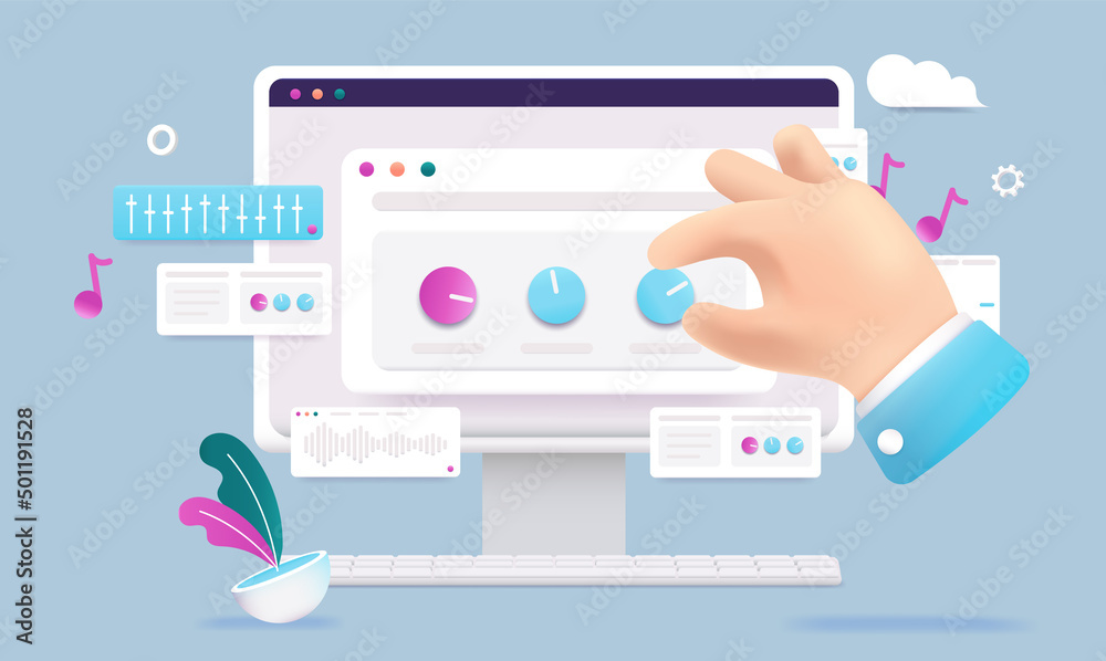 Poster computer music - desktop pc screen with digital software for making music. cartoon style vector illu