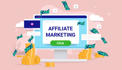 Affiliate marketing income - Desktop computer with money and web elements. Earn money online concept. Vector illustration - obrazy, fototapety, plakaty