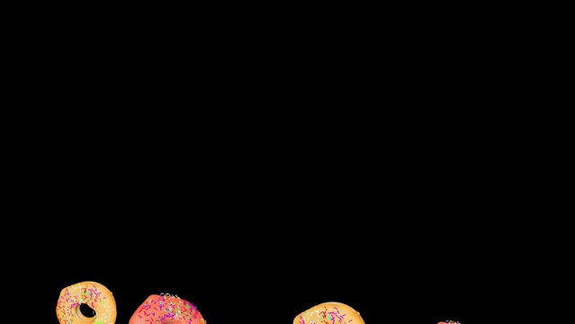 4K Abstract animated Loop background of sprinkles sweet donuts, chocolate and white frosting doughnuts, tasty unhealthy dessert , 3d render art, donut national day, gourmet Food, health, fast food