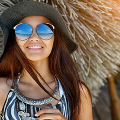 Beautiful woman in hat and sunglasses. Summer portrait - 501192304