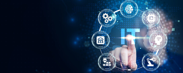 IT consultant presenting tag cloud about information technology.