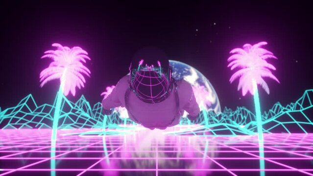 Astronaut surrounded by flashing neon lights. Music and nightclub concept. Retro 80s style synthwave background