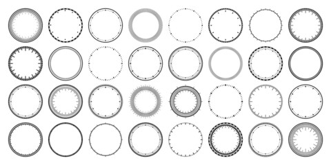 Mechanical clock faces, bezel. Watch dial with minute and hour marks. Timer or stopwatch element. Blank measuring circle scale with divisions. Vector illustration.