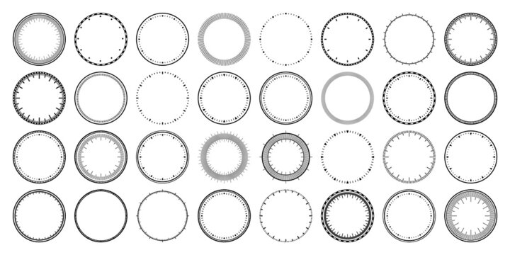 Mechanical Clock Faces, Bezel. Watch Dial With Minute And Hour Marks. Timer Or Stopwatch Element. Blank Measuring Circle Scale With Divisions. Vector Illustration.