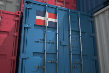 Shipping container with goods from the Dominican Republic and printed national flag. Production related 3D rendering