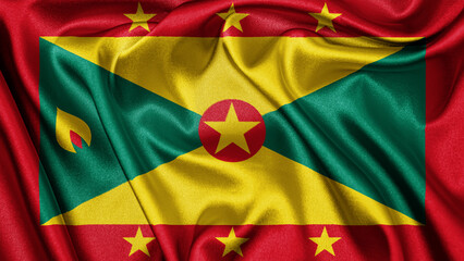 Close up realistic texture fabric textile silk satin flag of Grenada waving fluttering background. National symbol of the country. 7th of February, Happy Day concept
