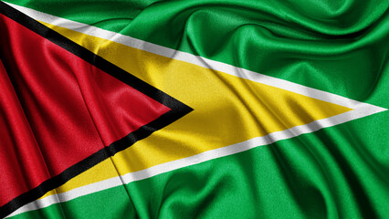 Obraz premium Close up realistic texture fabric textile silk satin flag of Guyana waving fluttering background. National symbol of the country. 26th of May, Happy Day concept 
