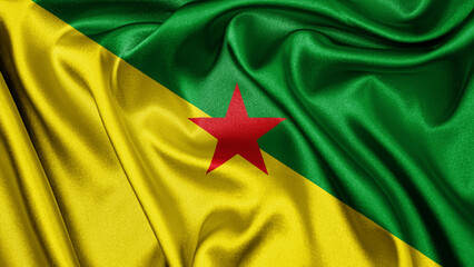 Close up realistic texture fabric textile silk satin flag of French Guiana waving fluttering background. National symbol of the country. 14th of July, Happy Day concept
