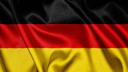 Close up realistic texture fabric textile silk satin flag of Germany waving fluttering background....