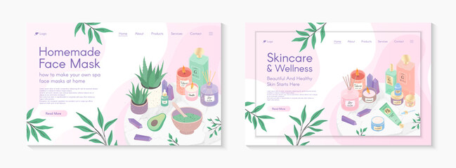 Web page design templates for skin care treatment,homemade facial mask tutorial,spa,wellness,natural products,self care.Vector illustration concepts for website,mobile website.Landing page layouts.