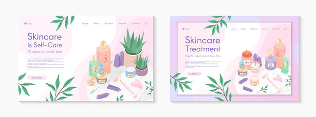 Fototapeta na wymiar Web page templates for skin care treatment,beauty routine tutorial,spa,wellness,natural products,cosmetics,self care.Vector illustrations concept for website,mobile website.Landing page layouts.