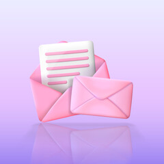 Pink three dimensional envelopes and white paper sheet. Cartoon vector illustration with letters and note. 3d rendering icon with reflection. Post, mail, correspondence concept.