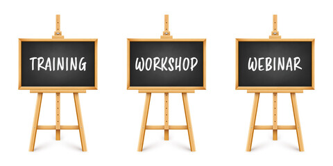 Realistic black chalkboard on wooden easel. Blackboard in wooden frame on a tripod. Presentation board with text, writing or drawing surface. Online studying, learning mockup. Vector illustration