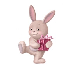 cute little rabbit with present box, watercolor style illustration, Easter clipart with cartoon character
