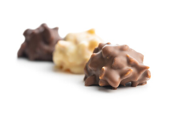 Chocolate truffles. Sweer pralines isolated on white background.
