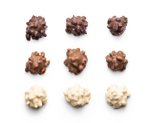 Chocolate truffles. Sweer pralines isolated on white background.