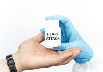 HEART ATTACK text on a jar of medicines, the doctor consults the patient, offers him treatment