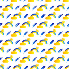 Seamless pattern with rainbow, clouds, sun and spikelets in blue and yellow colors of the Ukrainian flag on a white background.