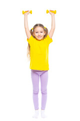 Little cute happy girl with dumbbells. Isolated on white background.