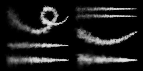 Realistic airplane condensation trails. Space rocket launch. Missile or bullet trail. Jet aircraft tracks. White smoke clouds, fog. Steam flow. Vector illustration. © 32 pixels