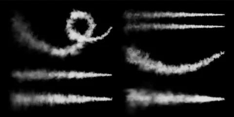 Poster Realistic airplane condensation trails. Space rocket launch. Missile or bullet trail. Jet aircraft tracks. White smoke clouds, fog. Steam flow. Vector illustration. © 32 pixels