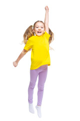 A happy and cheerful child dressed in a yellow T-shirt and purple pants plays, jumps.