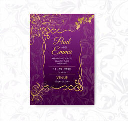 Elegant Wedding Invitation Card Template Purple Gold Floral, Greeting, Celebration, Ceremony, Reception, Decoration, Marriage
