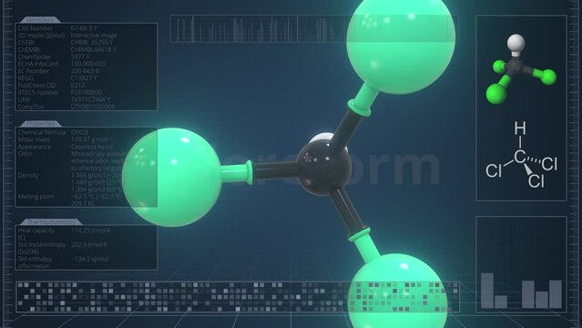 Molecule of chloroform with infographics on the computer monitor, loopable 3d animation