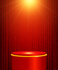 Vector illustration red curtain background with shining sparkle stage podium