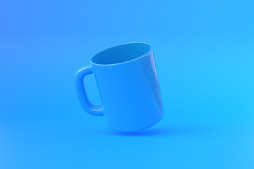 Blue Ceramic cup or empty mug for coffee, drink or tea on blue background. Minimal concept. 3D Rendering 3D Illustration