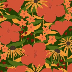 Colorful blooming flowers seamless half drop pattern. Doodle botanical wallpaper template flat illustration. Meadow plants with leaves and stem design textile print