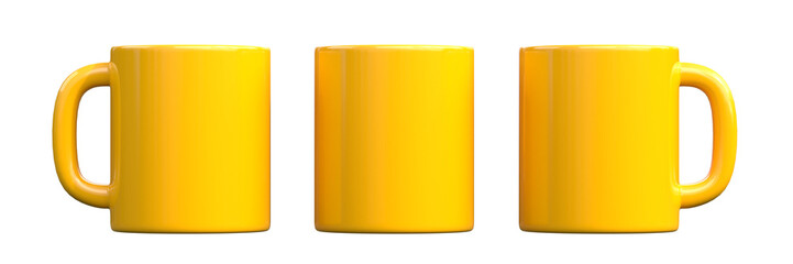 Yellow ceramic cups or empty mugs for coffee, drink or tea on White Background. Front view. 3D Rendering 3D Illustration