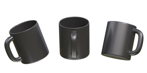 Black ceramic cups or empty mugs for coffee, drink or tea on White Background. 3D Rendering 3D Illustration