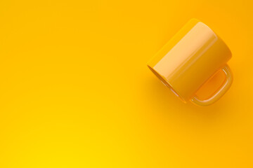 Yellow ceramic cup or empty mug for coffee, drink or tea on yellow background. Top view. Minimal concept. 3D Rendering 3D Illustration