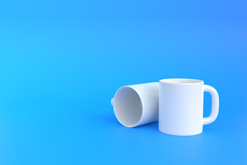 Two white ceramic cup or empty mug for coffee, drink or tea on blue background. Minimal concept. 3D Rendering 3D Illustration