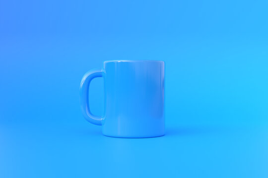 Blue Ceramic cup or empty mug for coffee, drink or tea on blue background. Minimal concept. 3D Rendering 3D Illustration