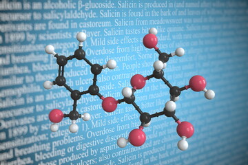 Molecular model of salicin, 3D rendering