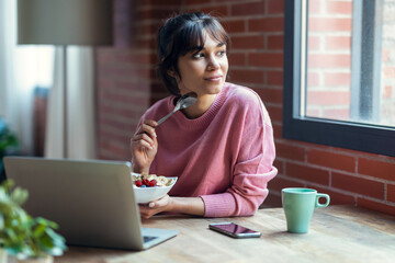 Shot of beautiful young woman working with laptop while eating yogurt with fruits bowl in living...