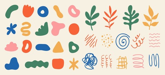 Set of various abstract shapes, doodles and plants. Hand drawn doodles. Modern contemporary fashion illustration. Flat design, hand drawn cartoon, vector. - obrazy, fototapety, plakaty