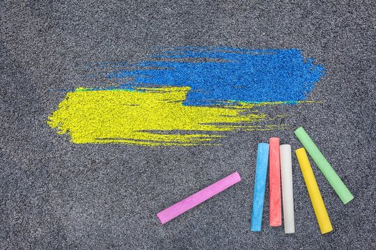 Flag Of Ukraine. Chalk Drawing On Sidewalk. Support For Ukraine.