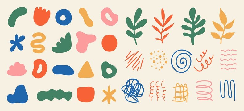 Set of various abstract shapes, doodles and plants. Hand drawn doodles. Modern contemporary fashion illustration. Flat design, hand drawn cartoon, vector.